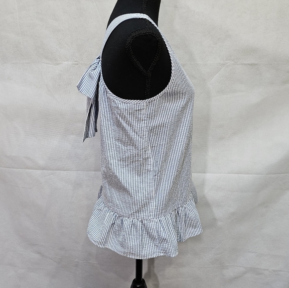 Charming Charlie Blue & White Stripped Ruffle Hem Top with Bow Accent Back Sz S - Picture 3 of 8